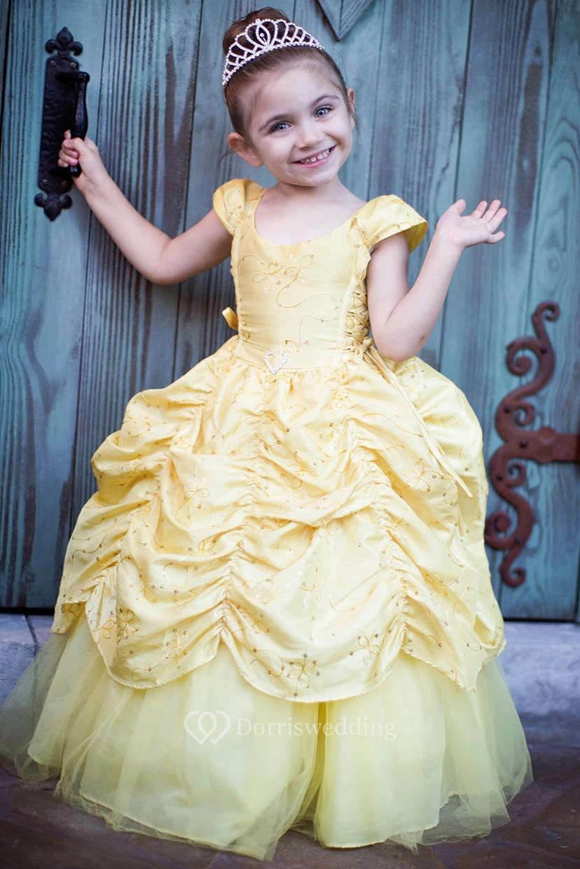 Ankle-Length Tiered Embroideried Lace&Taffeta Flower Girl Dress With Broach view 3