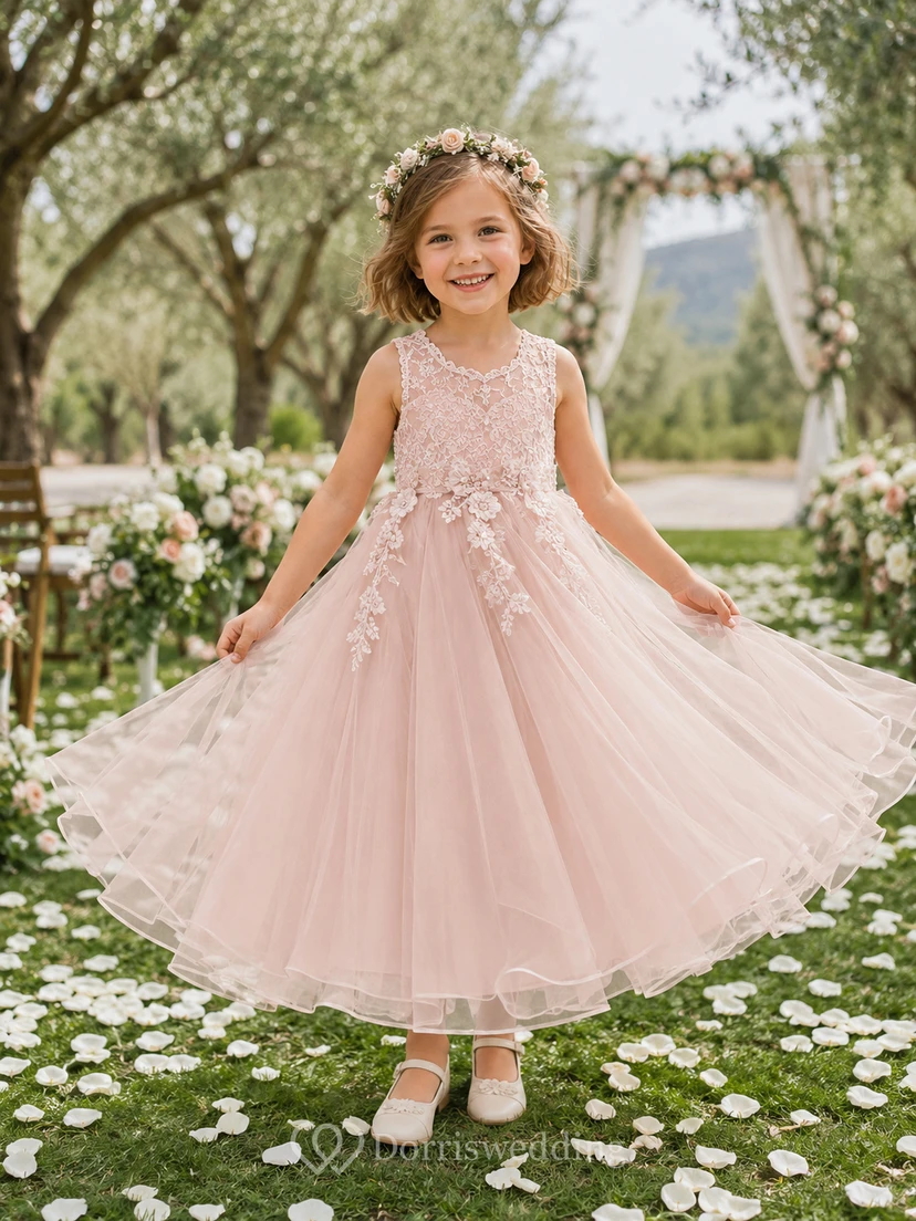 Romantic Blush Boho Lace Flower Girl Dress with Sleeveless Tulle A-Line, Floral Lace Bodice, Natural Waist, and Long Skirt