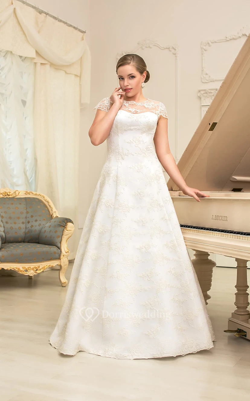 A-Line Long Jewel-Neck Cap-Sleeve Lace-Up Lace Dress