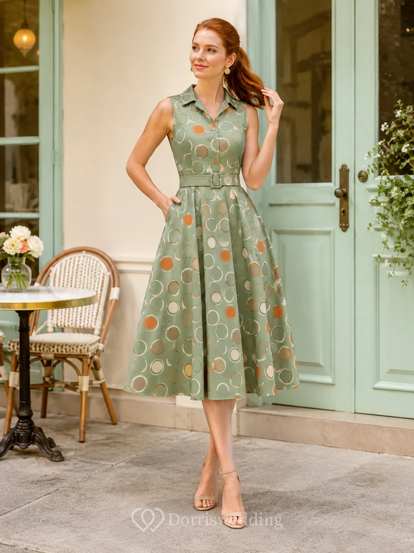 Sage Circle Print Shirt Collar Sleeveless Midi Dress