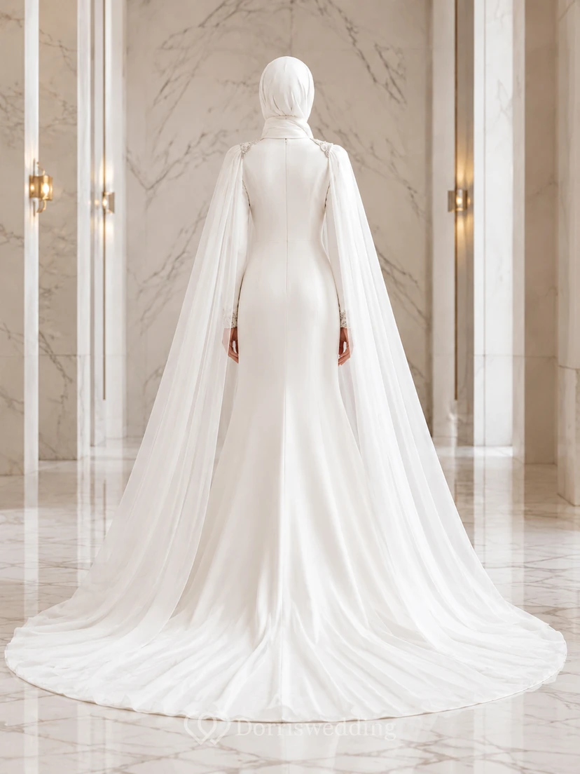 Modern Muslim Satin Sheath High Neck Cathedral Cape Wedding Dress view 2