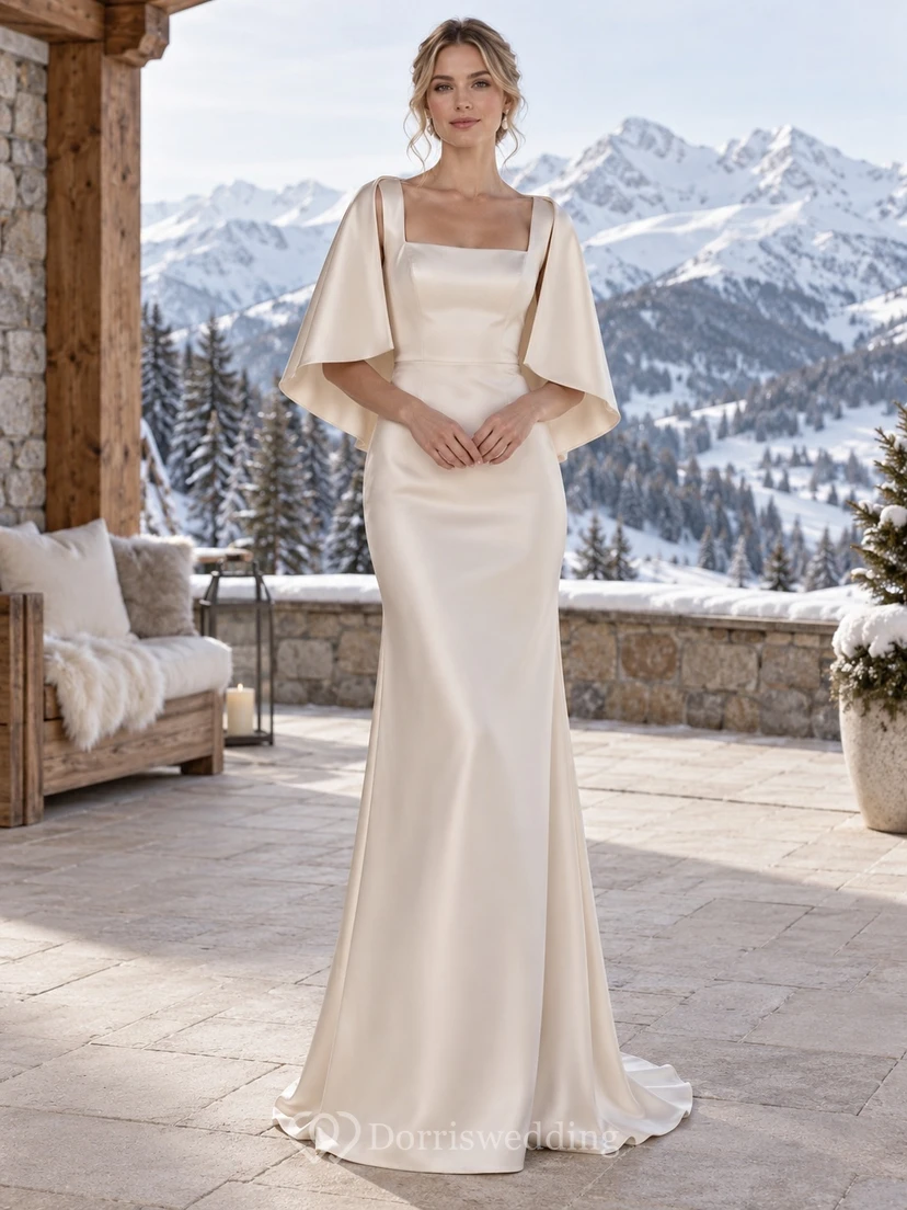Simple Square Neck Satin Sheath Short Wedding Cape Dress