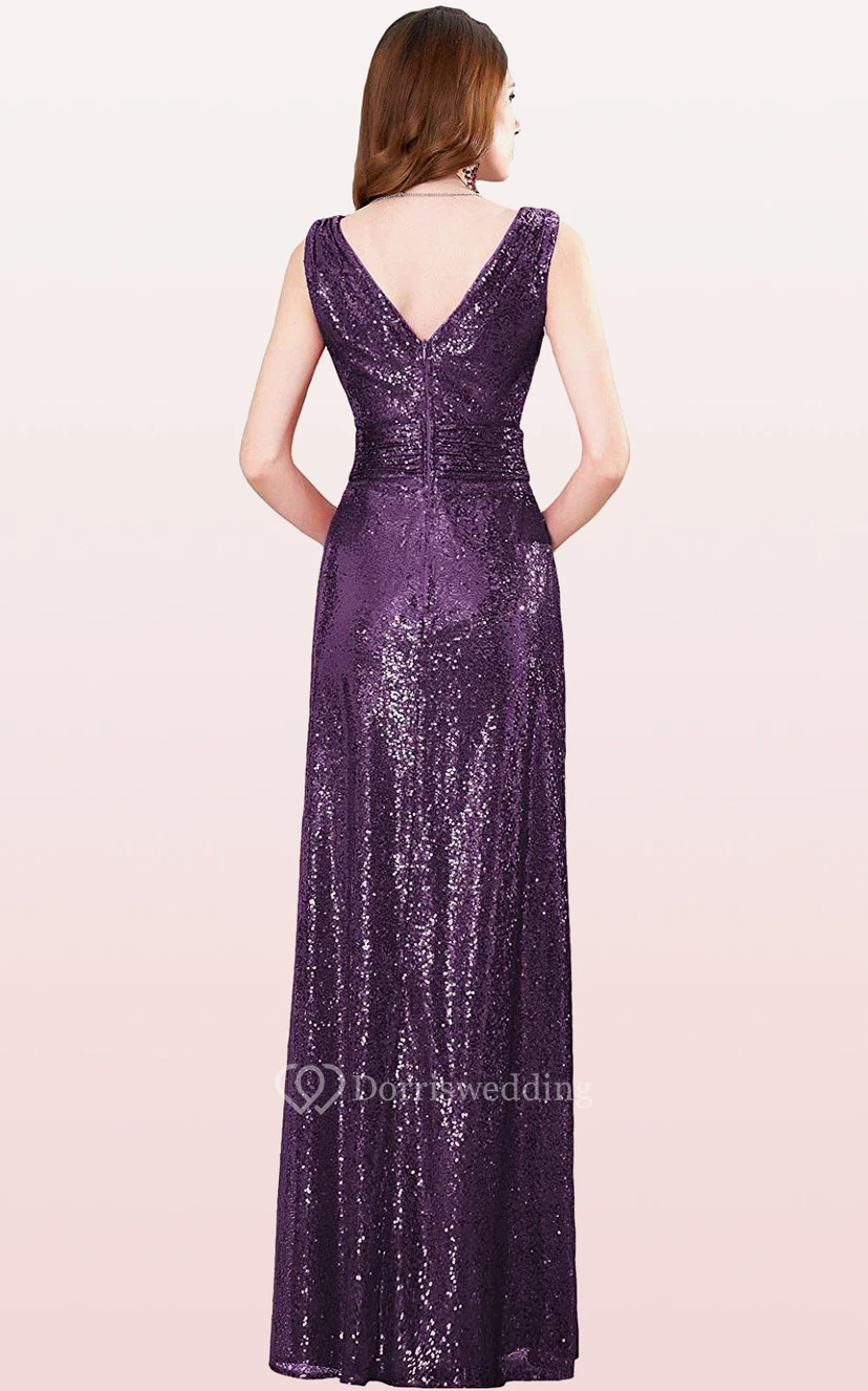 V-neck A Line Sleeveless Floor-length Sequins Bridesmaid Dress With Ruching view 2
