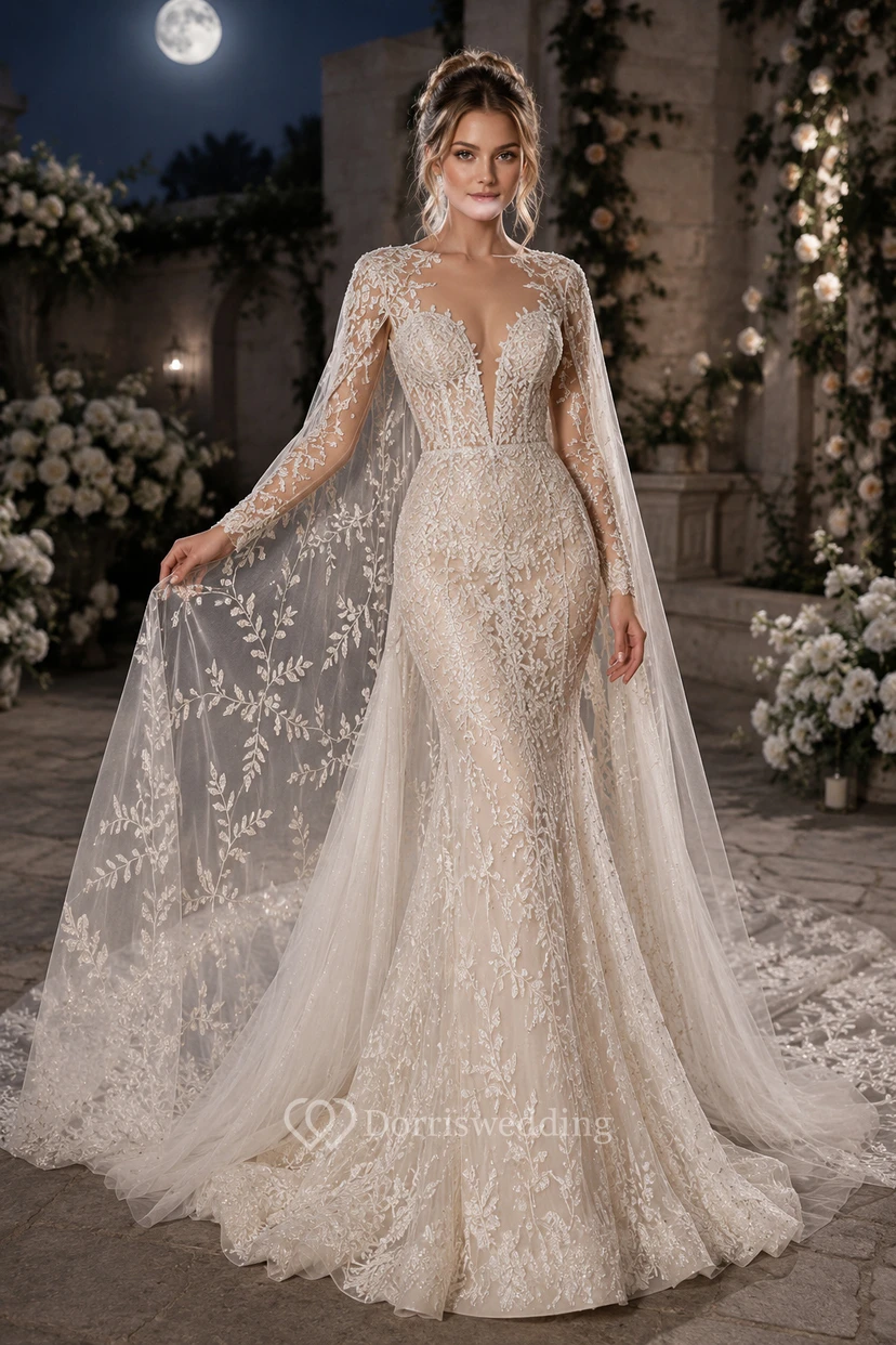 Brautkleid aus Spitze mit V-Ausschnitt, langen Ärmeln und Cape-Schleppe