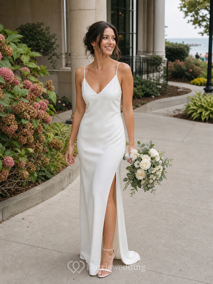 Vestido de novia sencillo para la playa, estilo tubo, con tirantes finos, espalda drapeada y abertura. view 11