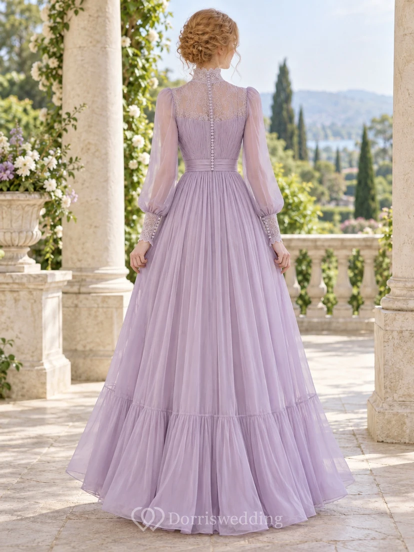Vintage Edwardian High Neck Long Sleeve Lavender Lace Chiffon Evening Dress view 2
