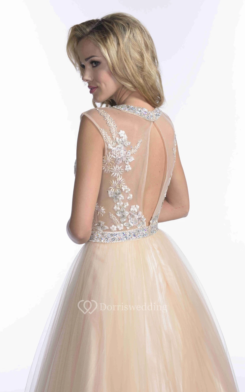 Ärmelloses A-Linien-Abendkleid aus Tüll mit Kristallkragen, Schlüssellochausschnitt am Rücken und Spitzenoberteil view 2