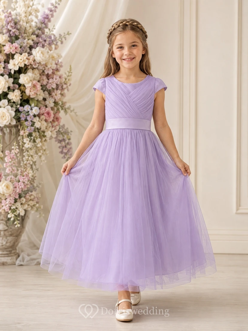 Lavendelfarbenes Brautjungfernkleid für junge Damen, A-Linie, Rundhalsausschnitt, kurze Flügelärmel, Tüllschleife, bezaubernd, romantisch