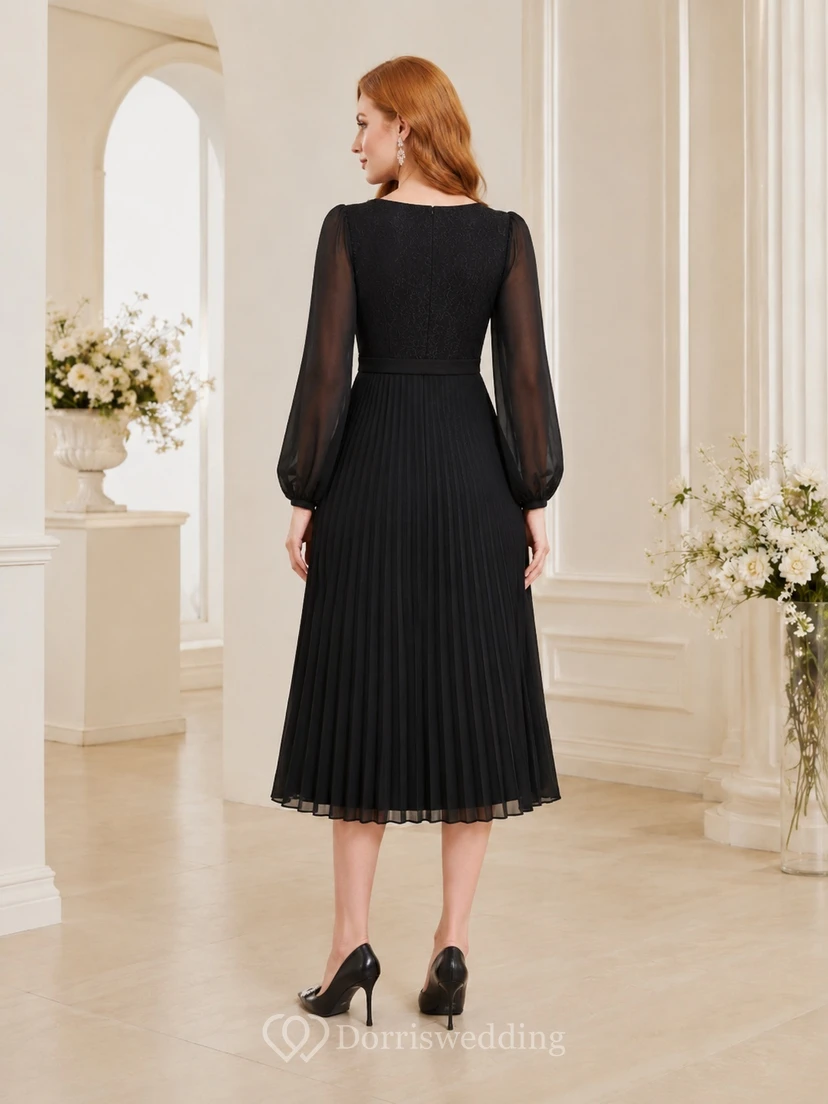 Black Chiffon Square Neck Illusion Long Sleeve Pleated Tea-length A-Line Dress view 2