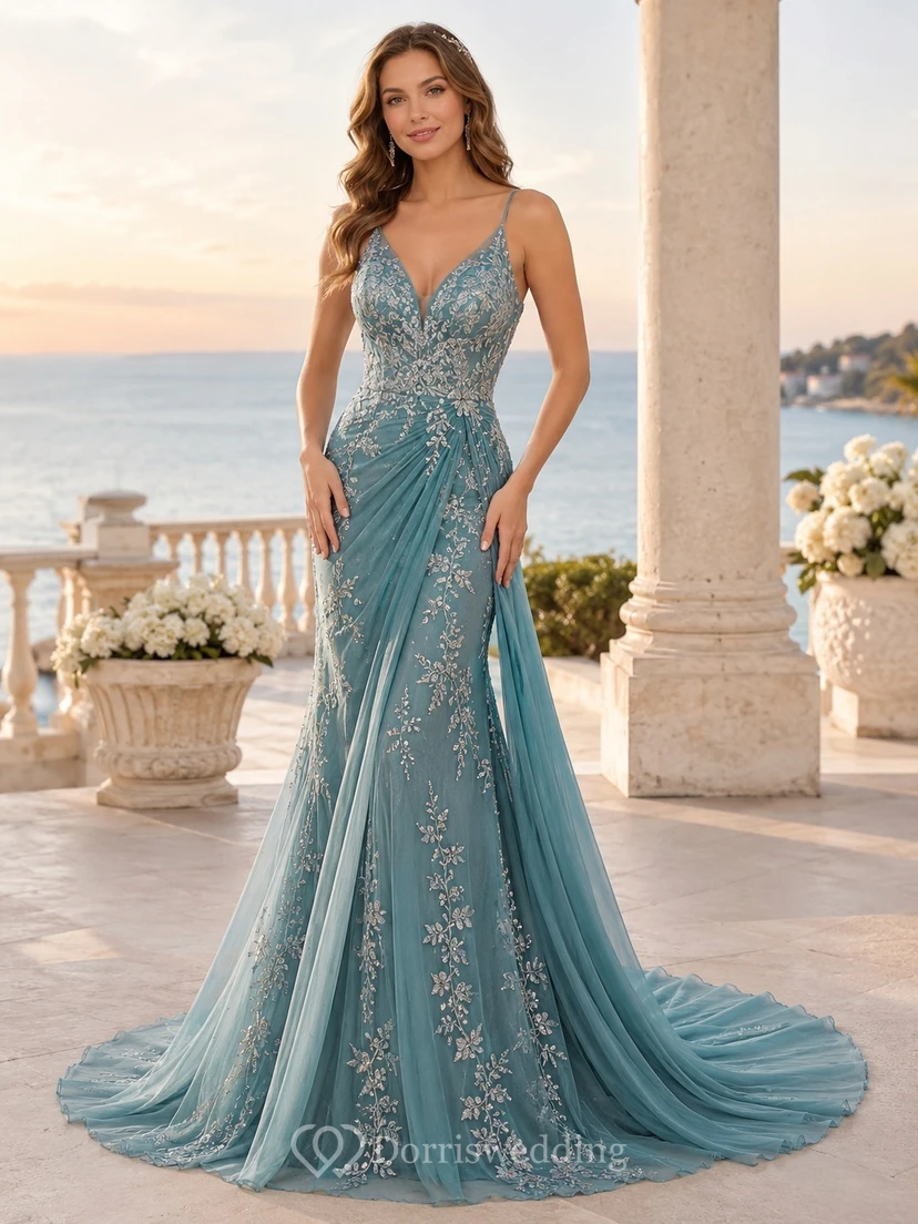 Silver Embroidered Sky Blue Spaghetti Tulle Mermaid Chapel Train Wedding Dress