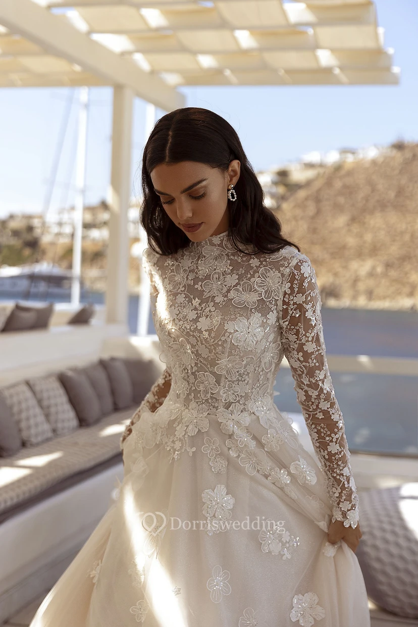 Long-Sleeve Modest Wedding Dress | High Turtle Neck Lace  Ivory Bridal Gown view 3