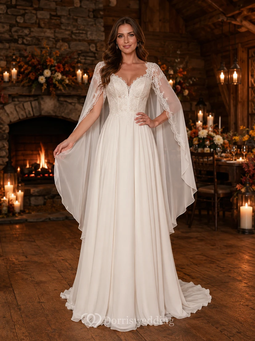 Fall Lodge V-Neck Cape Sleeve A-Line Wedding Dress