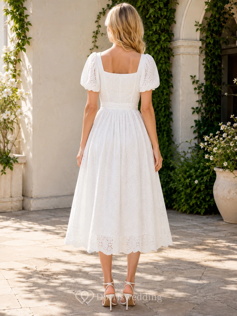 Vestido de cóctel de boda Tea Vintage con escote cuadrado, mangas abullonadas, encaje calado, corte en A y lazo lateral. view 2