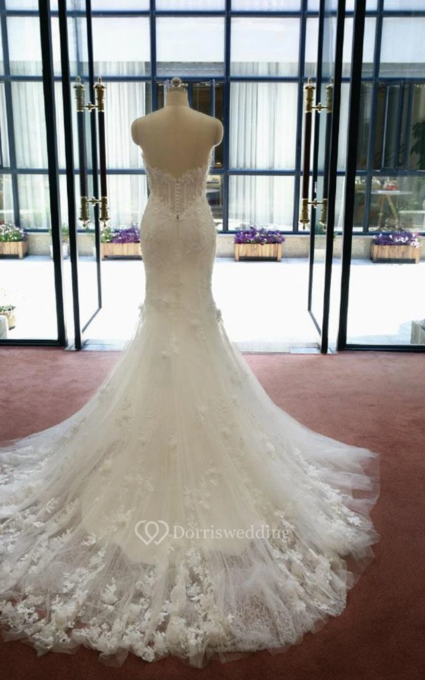 Mermaid Long Straps Sleeveless Bell Appliques Flower Zipper Straps Keyhole Tulle Lace Dress view 2