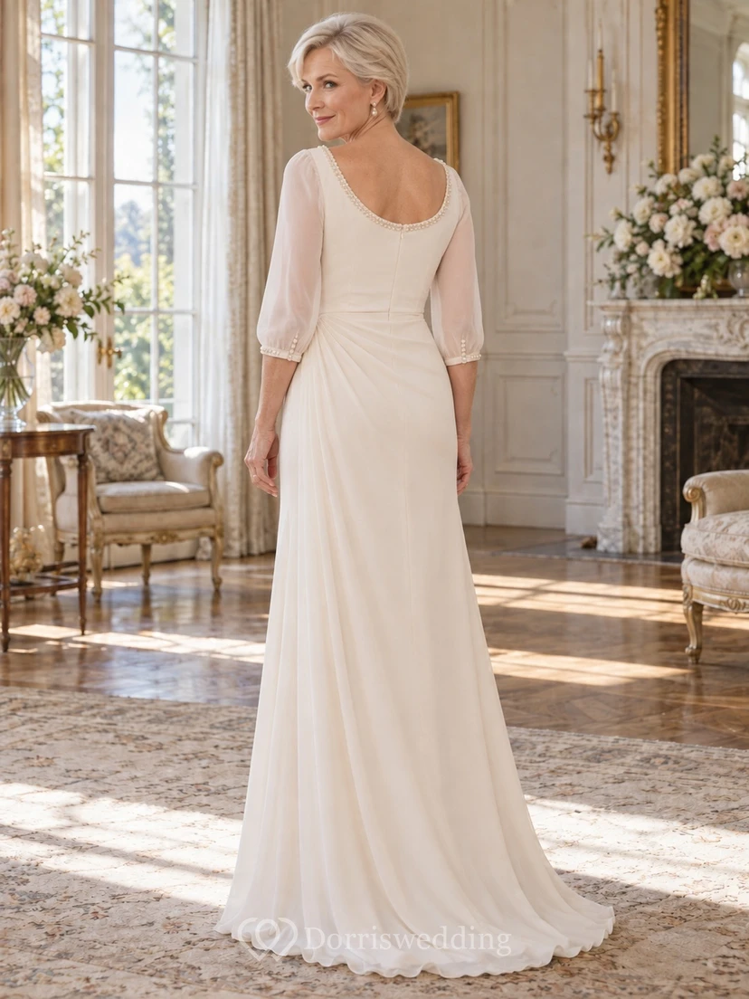 Older Brides Pearl Neckline Three Quarter Sleeve Satin Sheath Floor Length Minimal Second Wedding Dress view 2