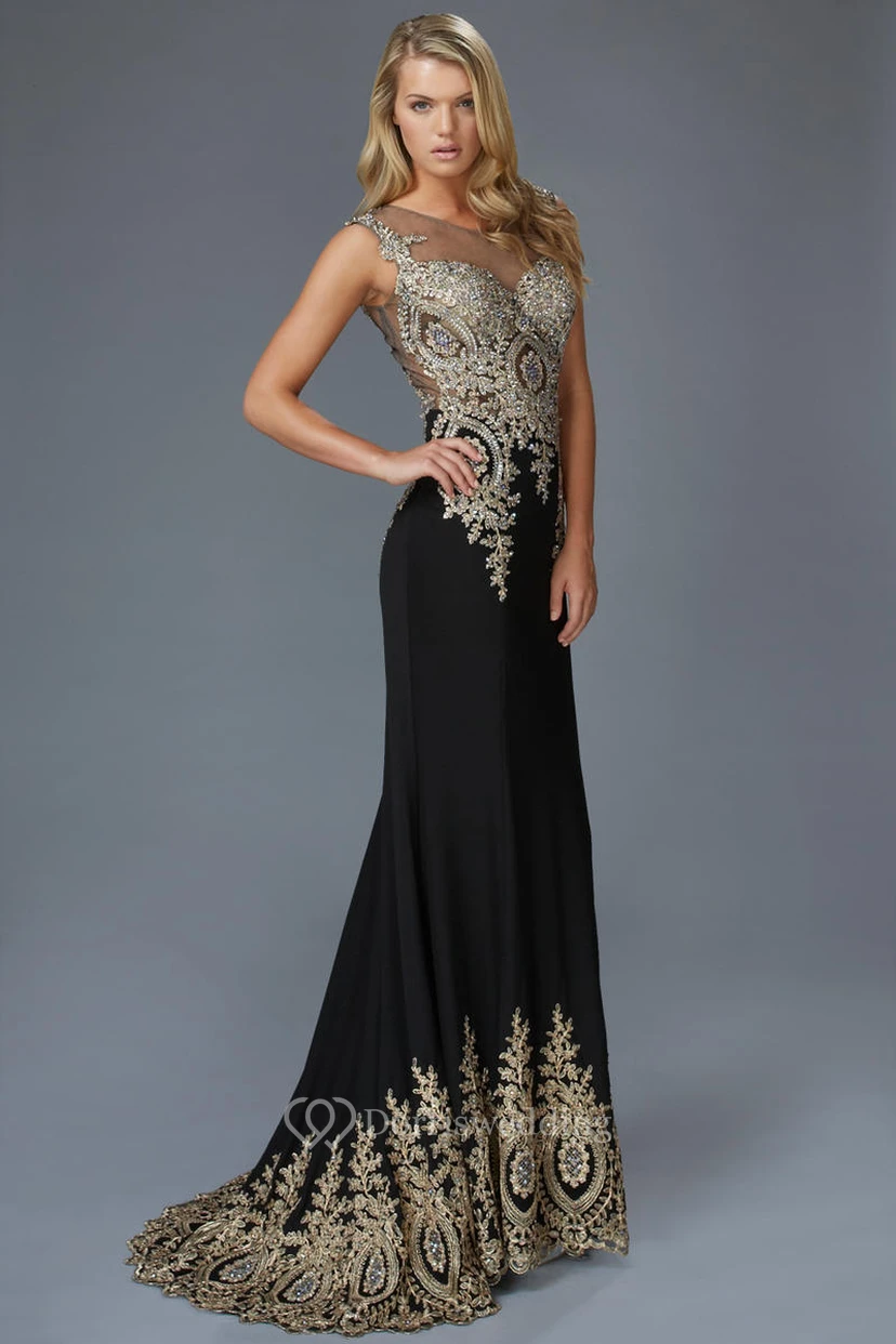 Sheath Maxi Bateau Sleeveless Jersey Illusion Dress With Beading And Pleats
