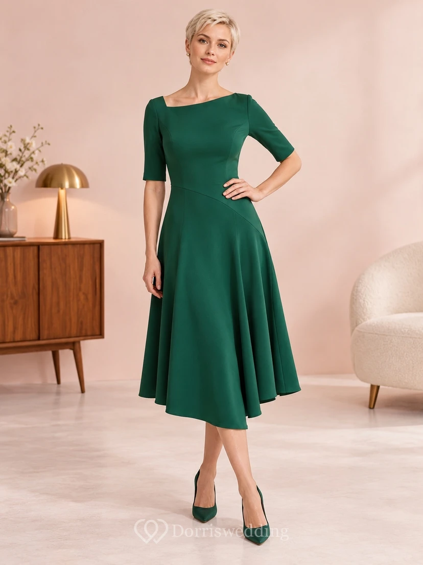 Dark Green Asymmetric Neck Elbow Sleeve Flared Guest Dress