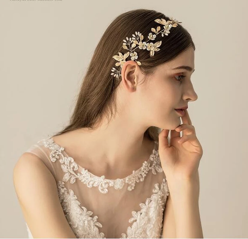 Chic Golden Headbands with Flowers and Leaves view 2