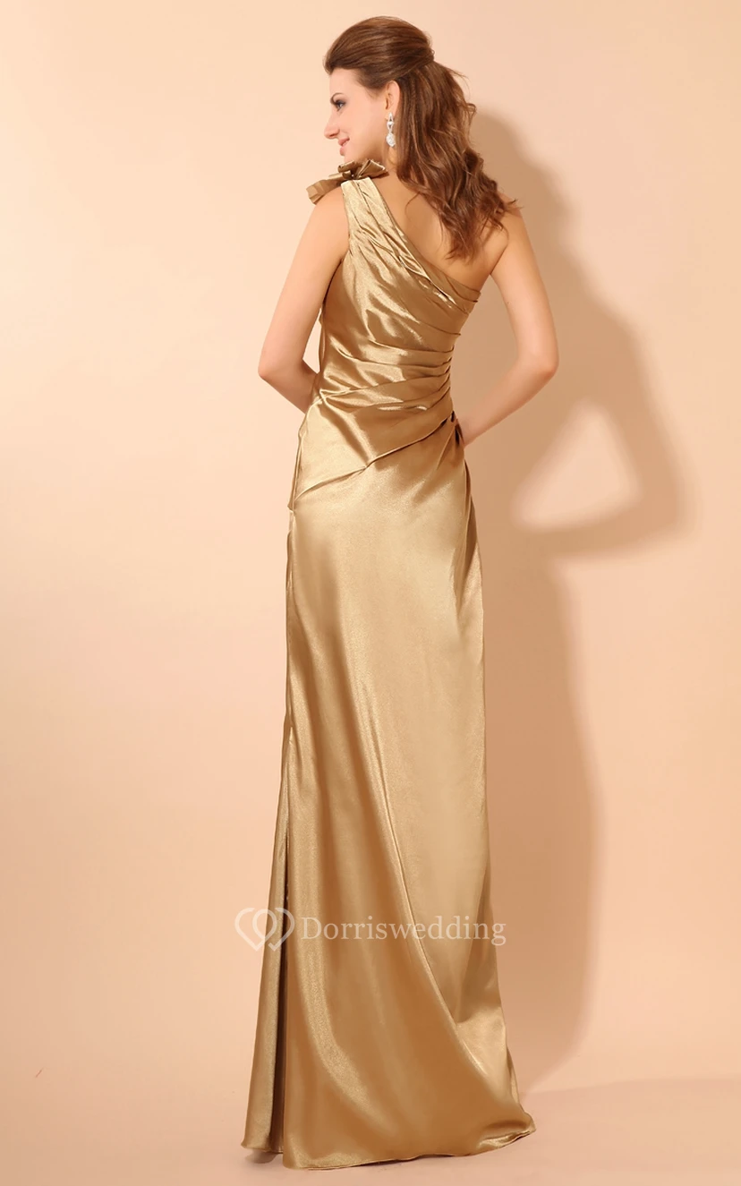 One-Shoulder Stretched Satin Dress With Flower and Ruching view 4
