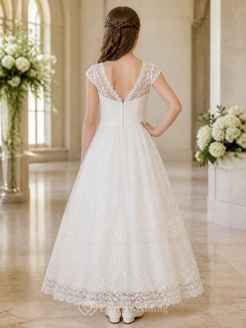 Modest Junior Bridesmaid Ankle-length A-Line Scoop Cap Sleeve Lace Dress view 2