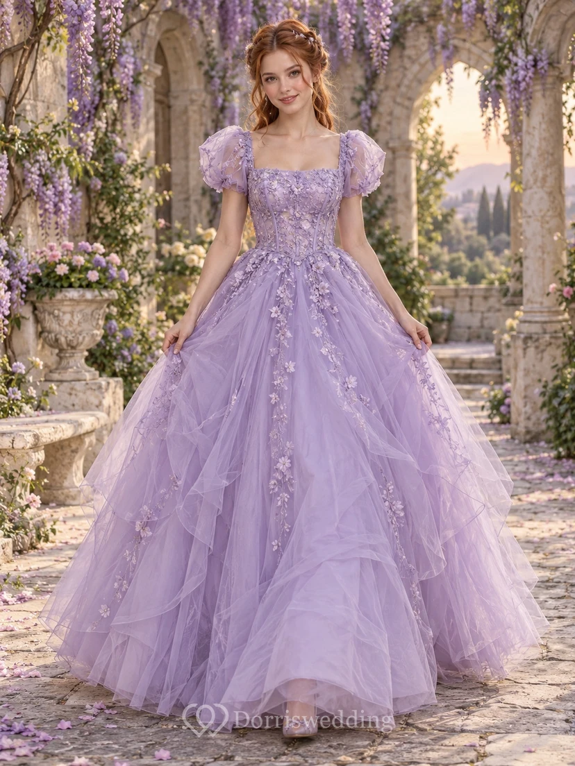 Lavendelfarbenes Ballkleid mit eckigem Ausschnitt, Puffärmeln und floralem Stufenrock
