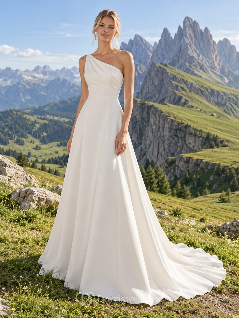 Vestido de novia sencillo de crepé, sin mangas, de corte A, con un solo hombro y cola.
