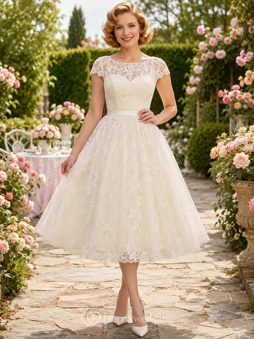 Brautkleid im Gartenstil der 1950er Jahre mit kurzen Ärmeln, Spitze und Teelänge