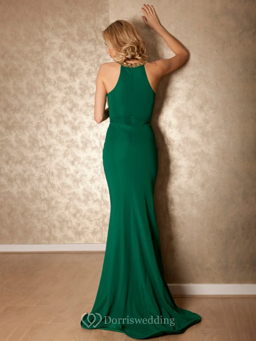 Mermaid Beaded High Neck Sleeveless Jersey Prom Dress With Brush Train view 2