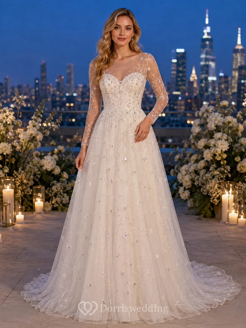 Long Sleeve Starry Sky Tulle Rooftop Bridal Gown