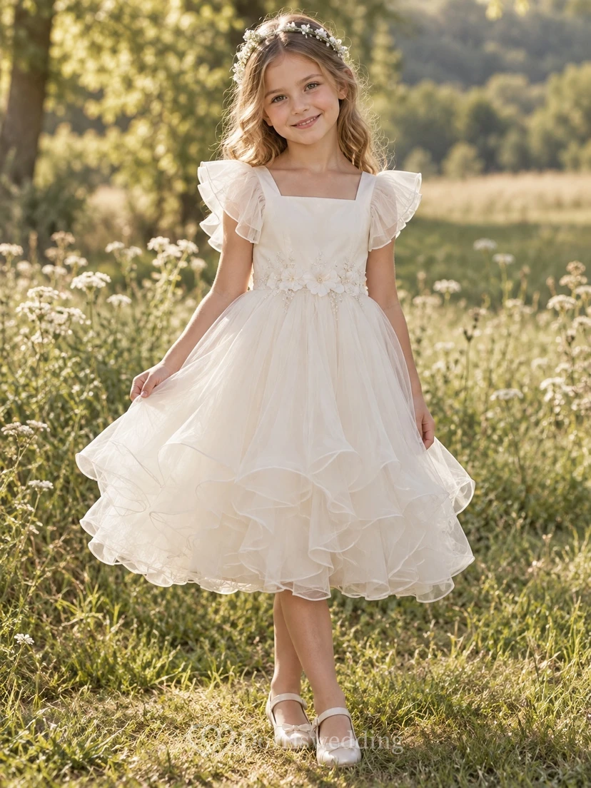 Tea-length Square Neck Ivory Floral Flutter Sleeve Satin A-Line Gathered Curled Tulle Tiered Flowergirl Dress