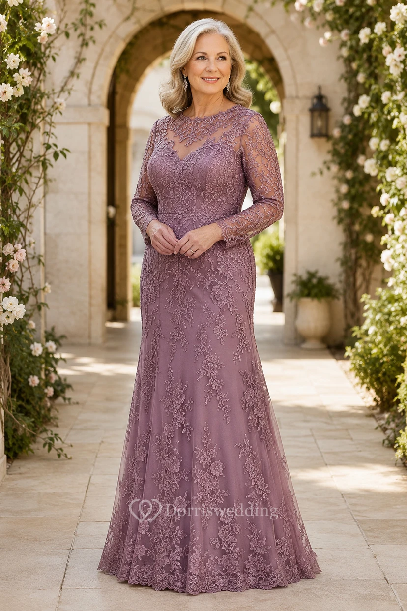 Mauvefarbenes Meerjungfrauen-Kleid mit langen Ärmeln aus Spitze