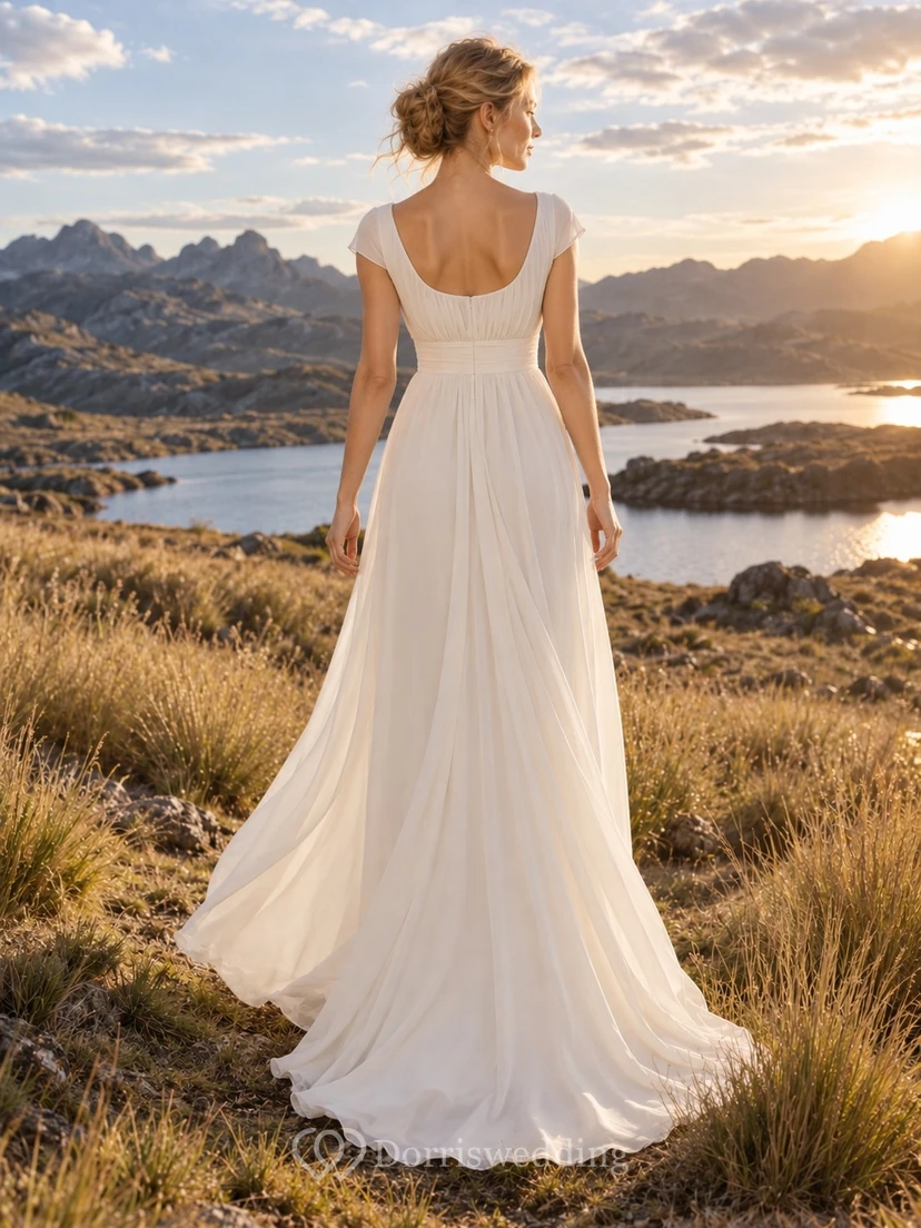 Vestido de novia de georgette con escote redondo, mangas cortas, corpiño plisado y falda en línea A. view 2