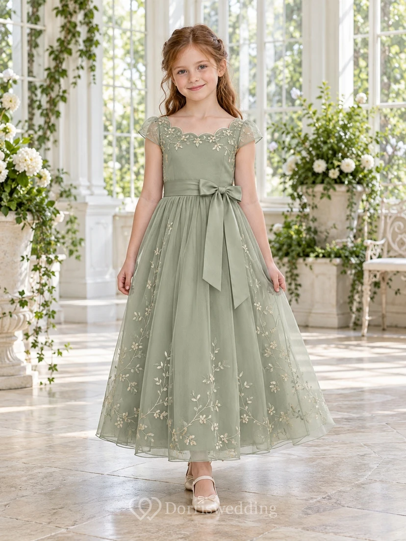 Sage Floral Scalloped Cap Sleeve Ribbon Tulle Flower Girl Dress