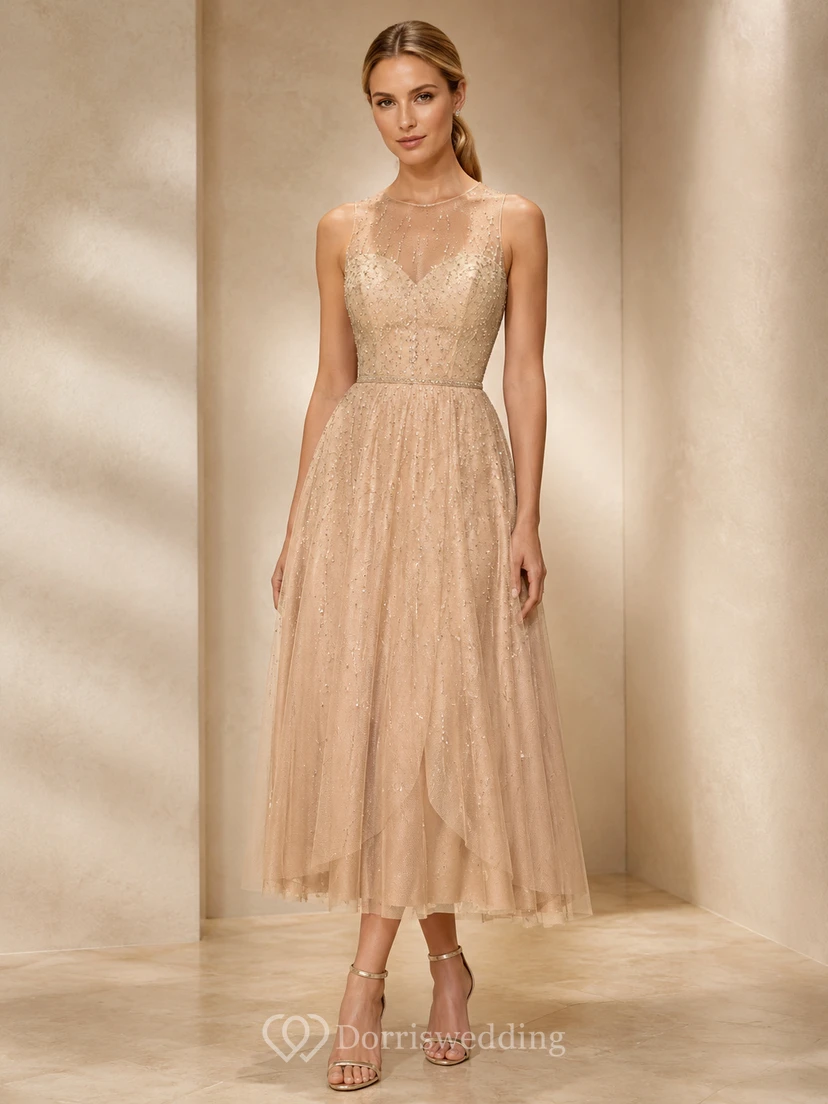 Champagne Illusion Mesh Overlay Midi Occasion Dress