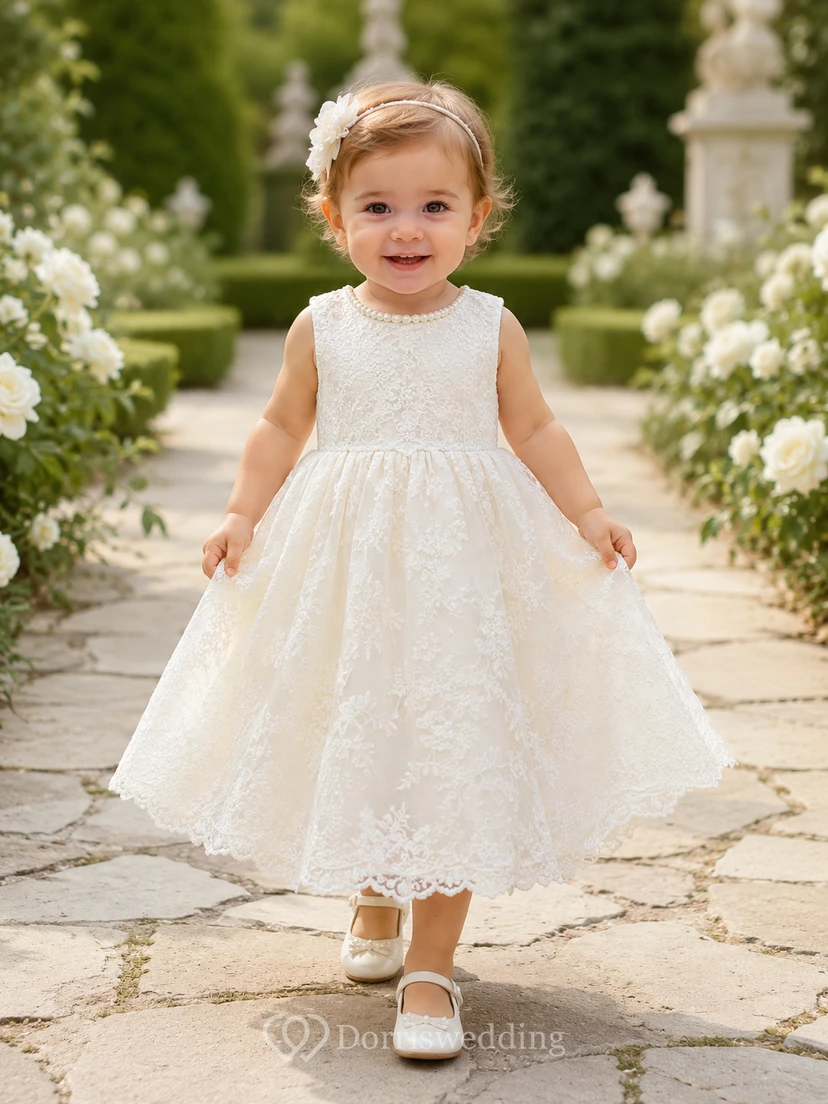 Sleeveless Baptism Dress A-Line Lace Tulle Jewel Neck Scalloped Hem