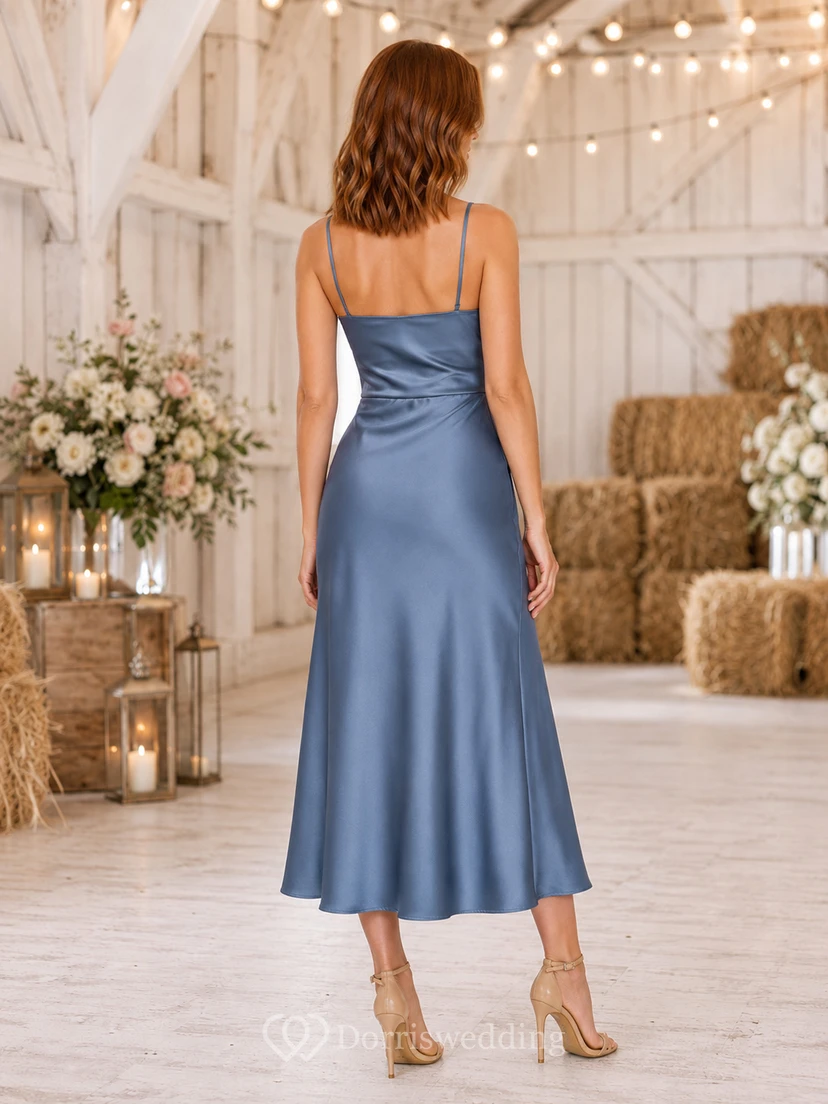 Barn Steel Blue Cowl Neck Satin Spaghetti Strap Sheath Tea-Length Slit Dress view 2