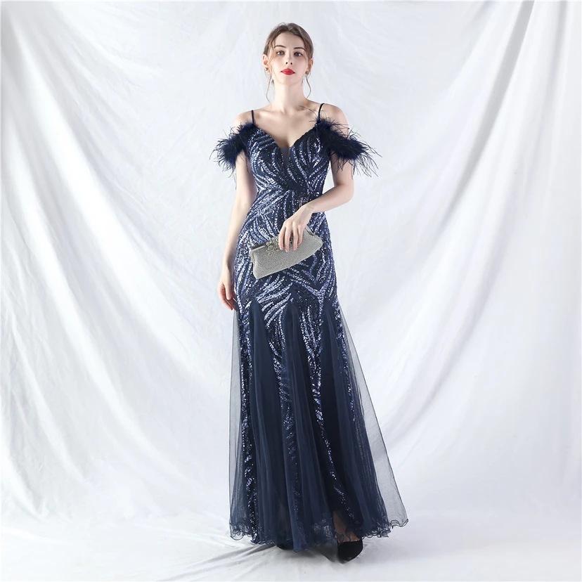 Crafted Ostrich Feather Stacked Sequins Splicing Mesh Gauze High-End Evening Dress Clothes view 45