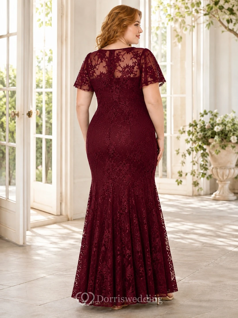 Burgundy Scoop Neck Short Sleeve Lace A-Line Floor-length Formal Guest Dress view 2