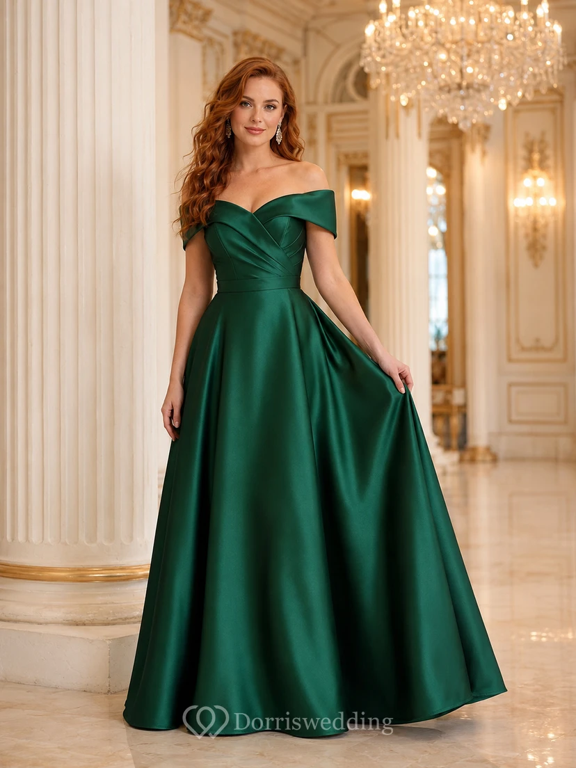 Emerald Off Shoulder Satin Ball Gown Winter Formal Dress