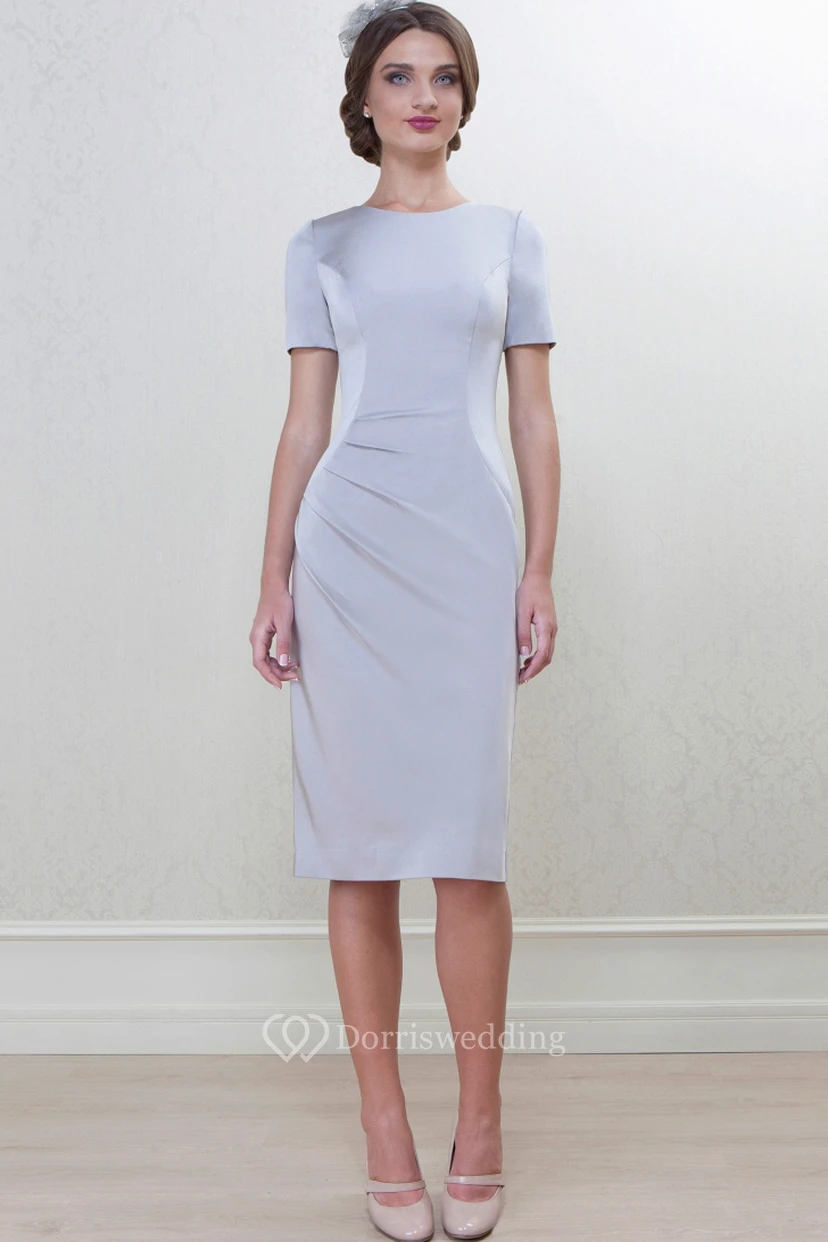 Pencil Knee-Length High Neck Caped 3-4 Sleeve Satin Mother Of The Bride Dress view 3