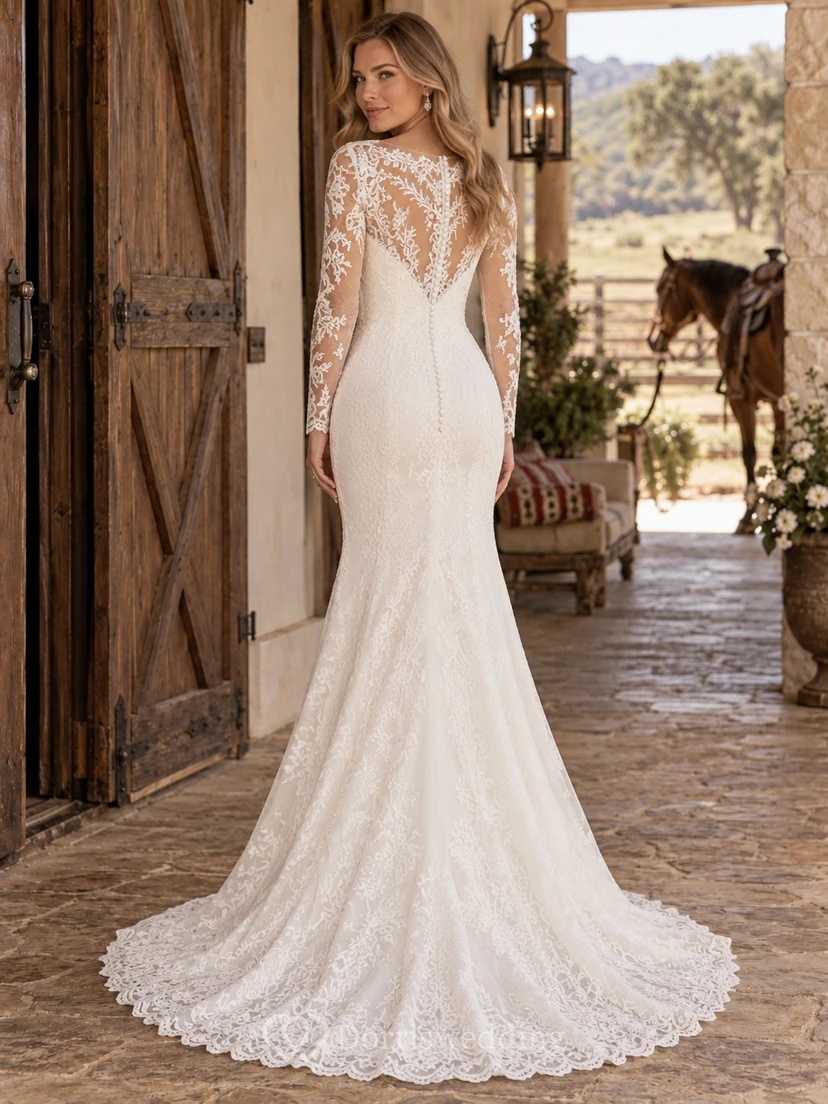 Ländliches Meerjungfrauen-Hochzeitskleid aus Spitze mit Schmuck-Illusionsausschnitt, langen Ärmeln und geschwungener Schleppe view 2
