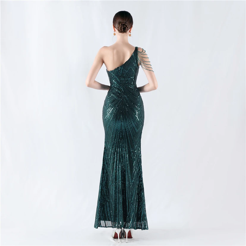 Positioning Flower Beaded Craft Beaded One-Shoulder Oblique Collar High Slit Evening Dress view 32