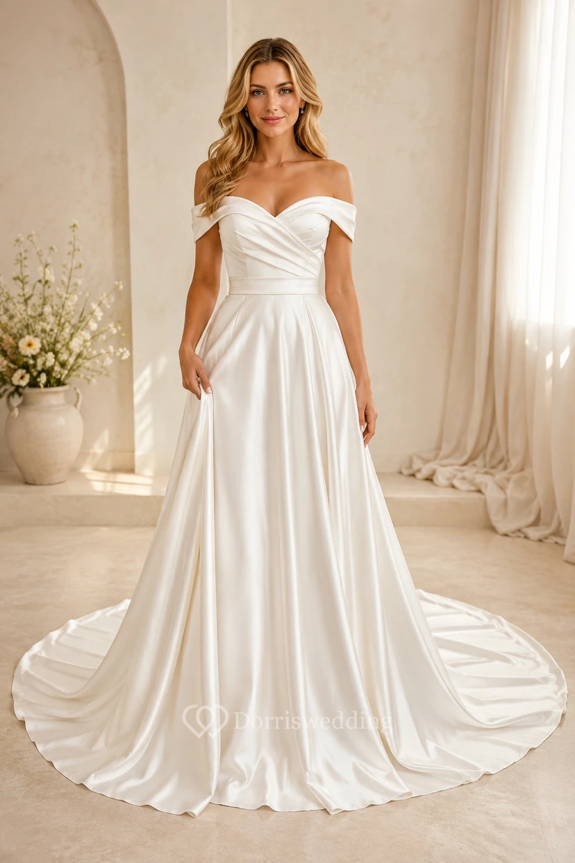 Robe de mariée en satin, robe de bal, épaules dénudées, traîne.