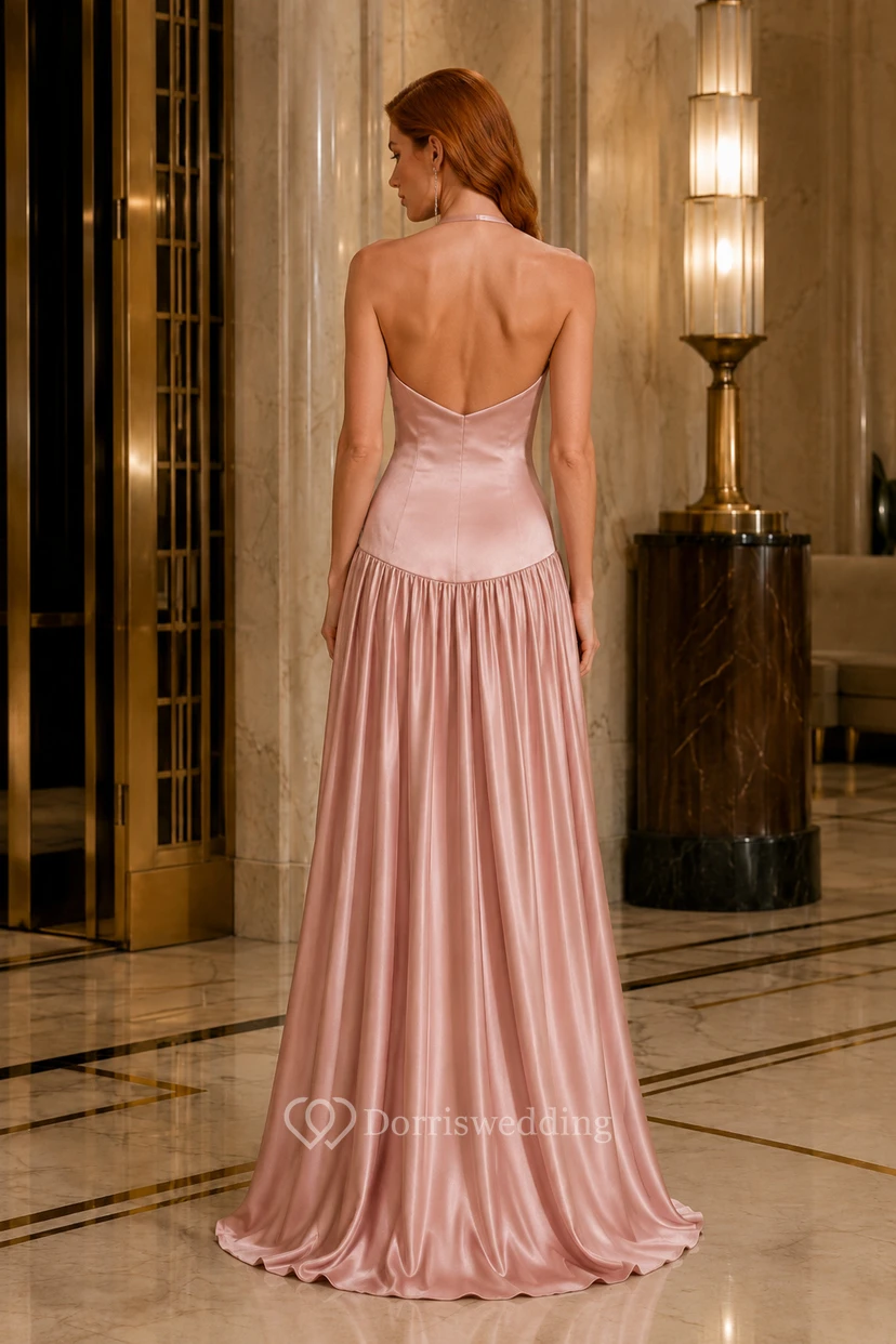 Abendkleid aus rosafarbenem Satin mit tiefer Taille und A-Linien-Schnitt view 2