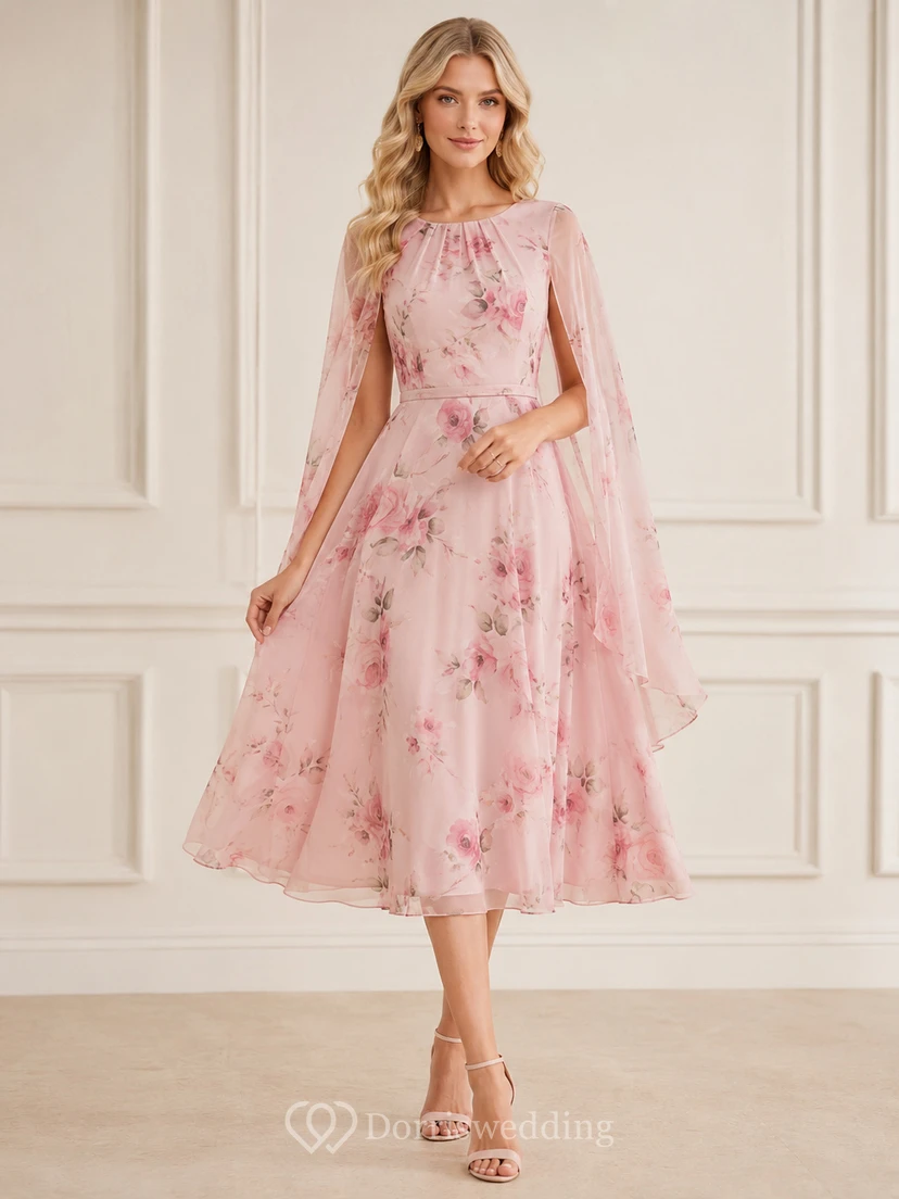 Vestido formal de fiesta rosa con mangas tipo capa, corte en A y largo hasta la rodilla.