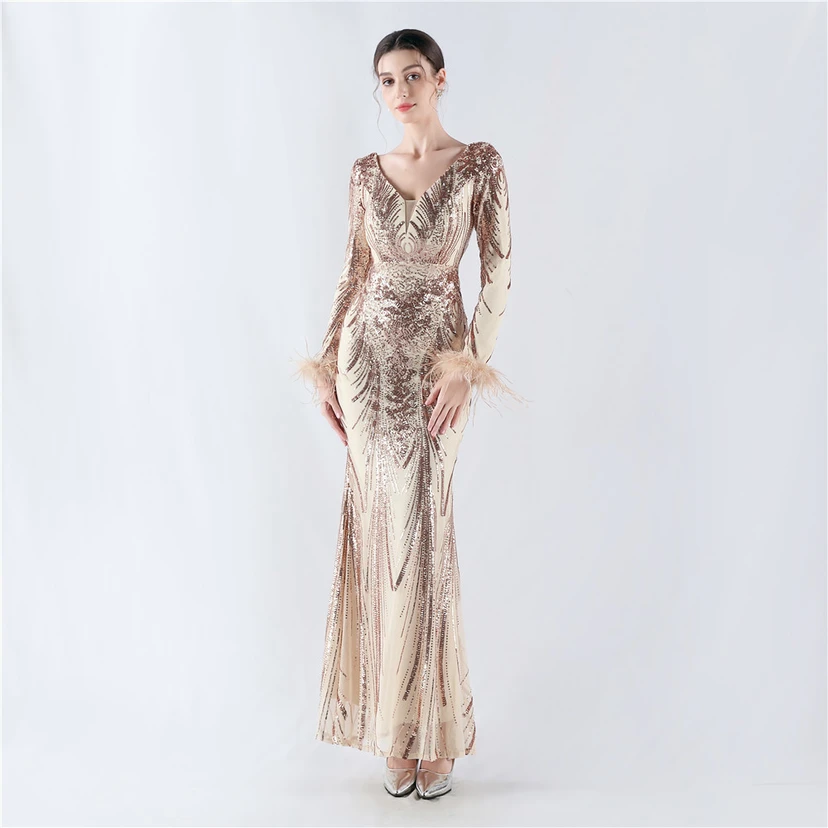 Robe de soirée haut de gamme ornée de perles florales fixes et de poils d'autruche, hôte de la réunion annuelle d'hiver view 55