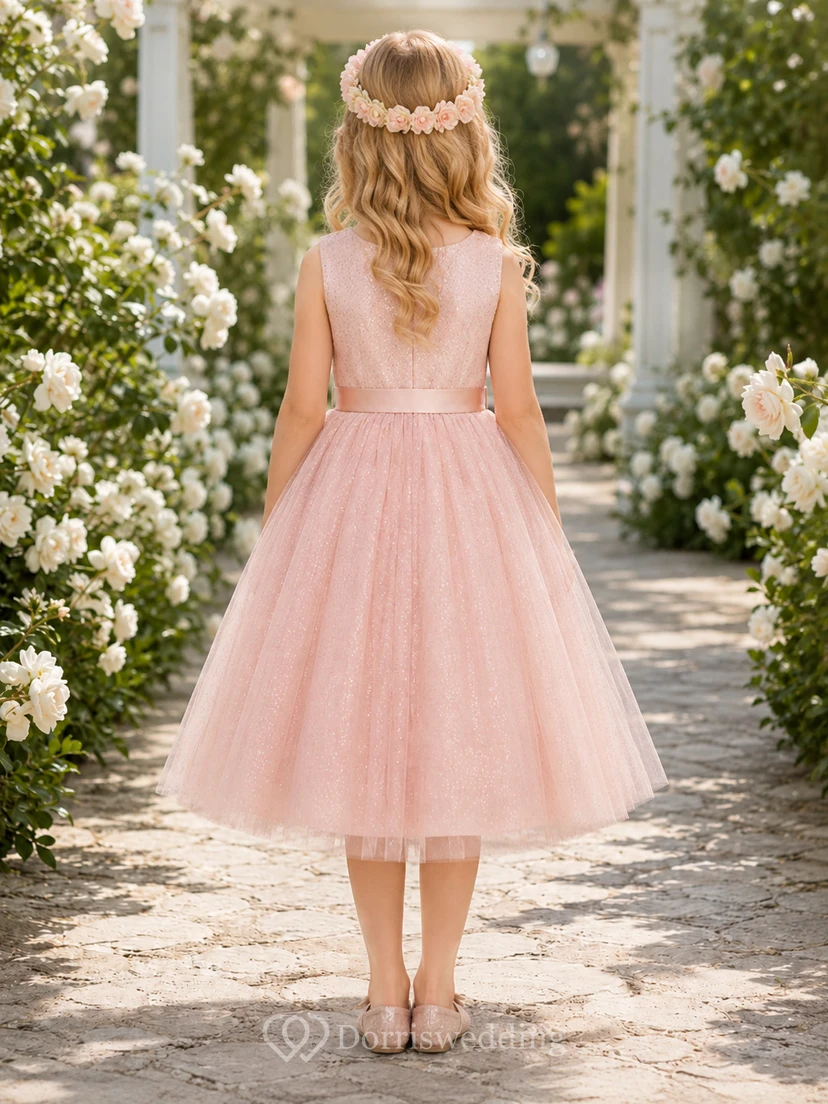 Blumenmädchenkleid aus rosafarbenem Tüll, A-Linie, Rundhalsausschnitt, Teelänge, plissiert view 2