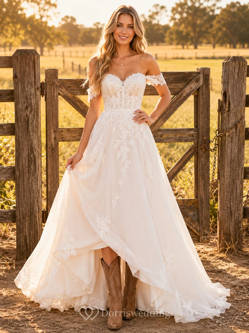 Country-Brautkleid mit schulterfreiem Oberteil und A-Linien-Schnitt, Spitze