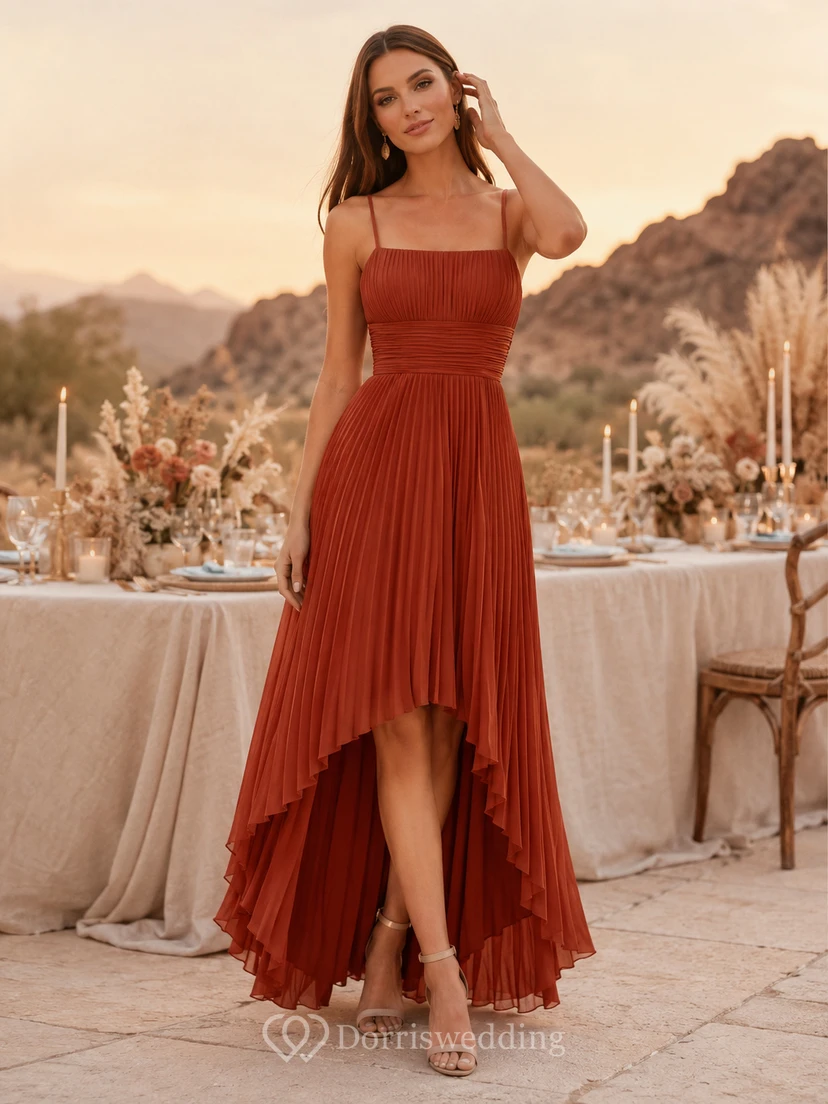Vermilion Square Strap Pleated Chiffon A Line High Low Desert Guest Dress
