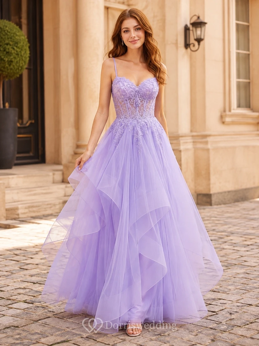 Lavender Sweetheart Straps Sleeveless Tiered Tulle Ball Gown